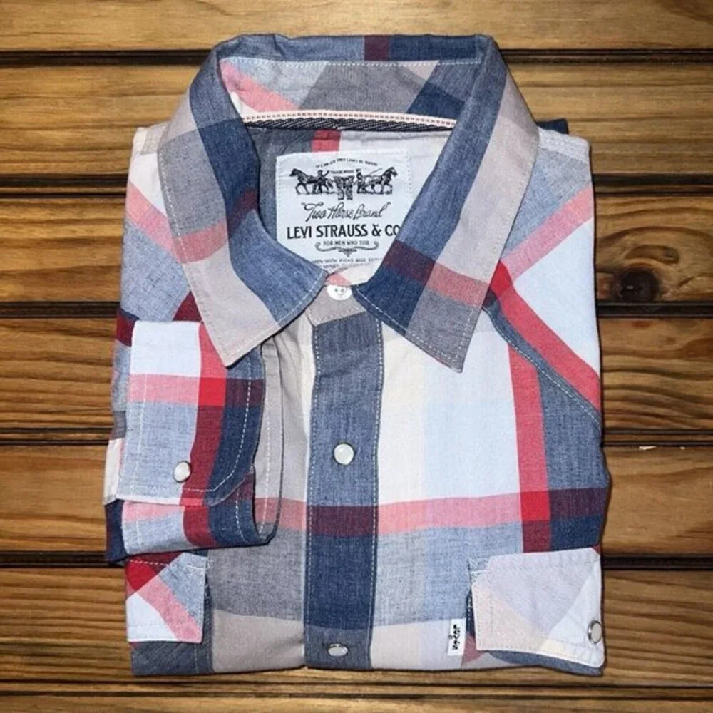 Levis Pearl Snap Shirt Mens Size Medium Western Plaid Blue Grey Red Button Up